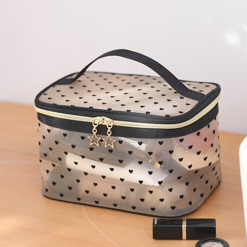 Love Heart Mesh Portable Buggy Transparent Cosmetic Bags