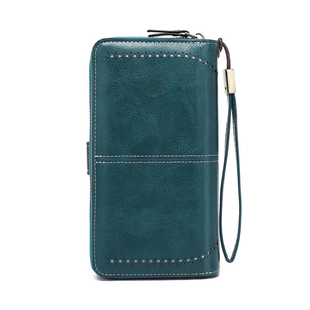 Women's Oily Leather Mobile Long Zipper Hollow Phone Bags