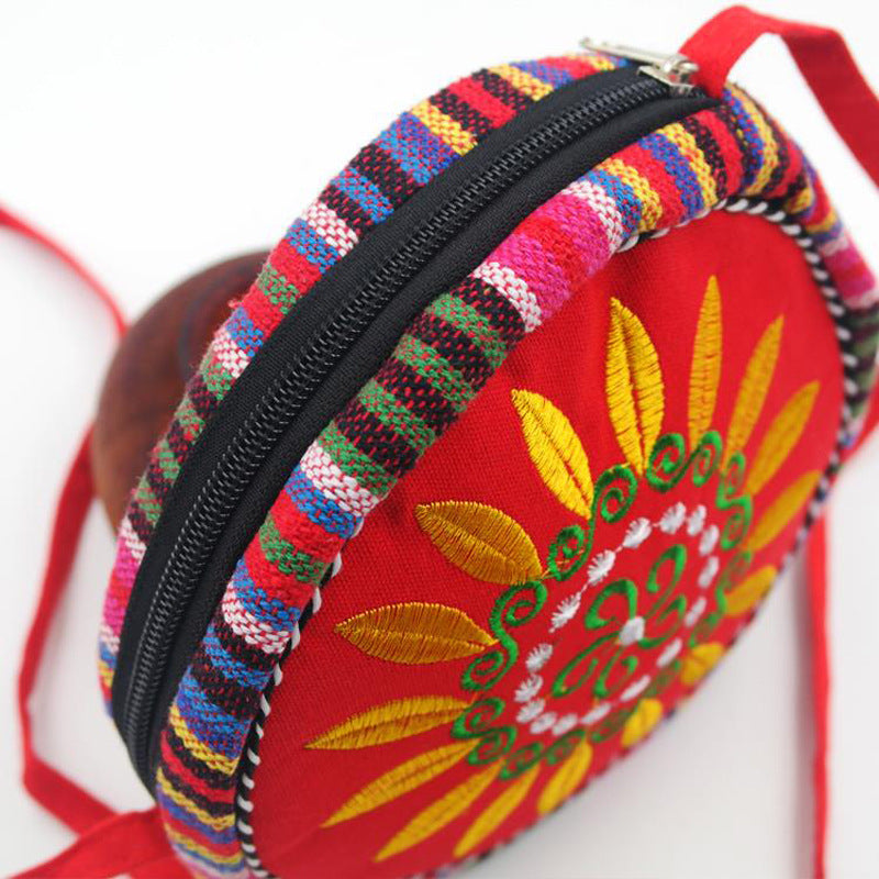 Ethnic Style Sunflower Embroidered Canvas Rainbow Round Crossbody Bags