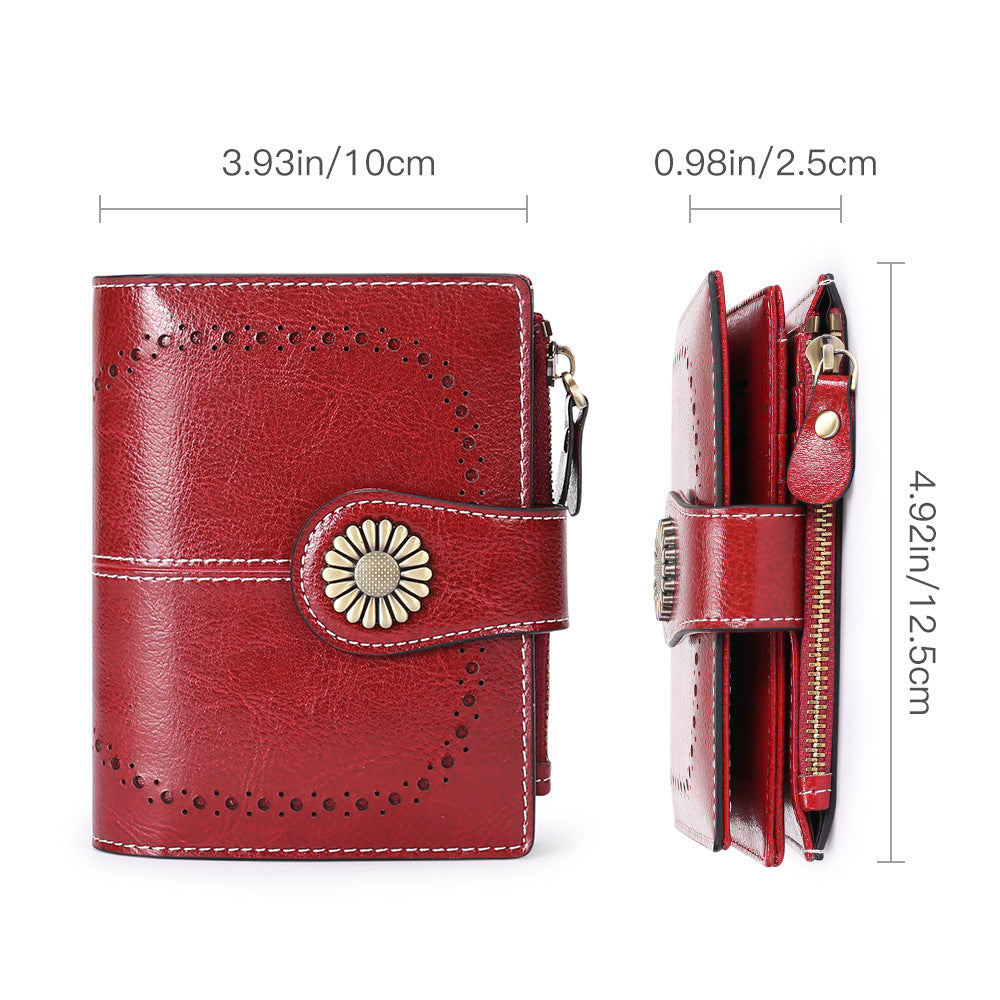 Women's Short Oil Wax Leather Zipper Ladies Wallets