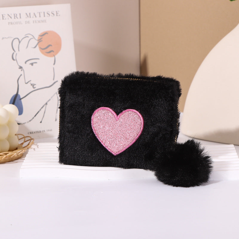 Plush Love Embroidered Zipper Short Clutch Coin Purses