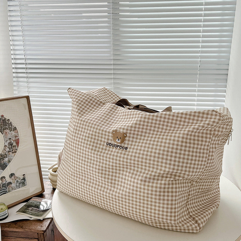 Large Capacity Plaid Maternity Tote Cotton Travel Bags