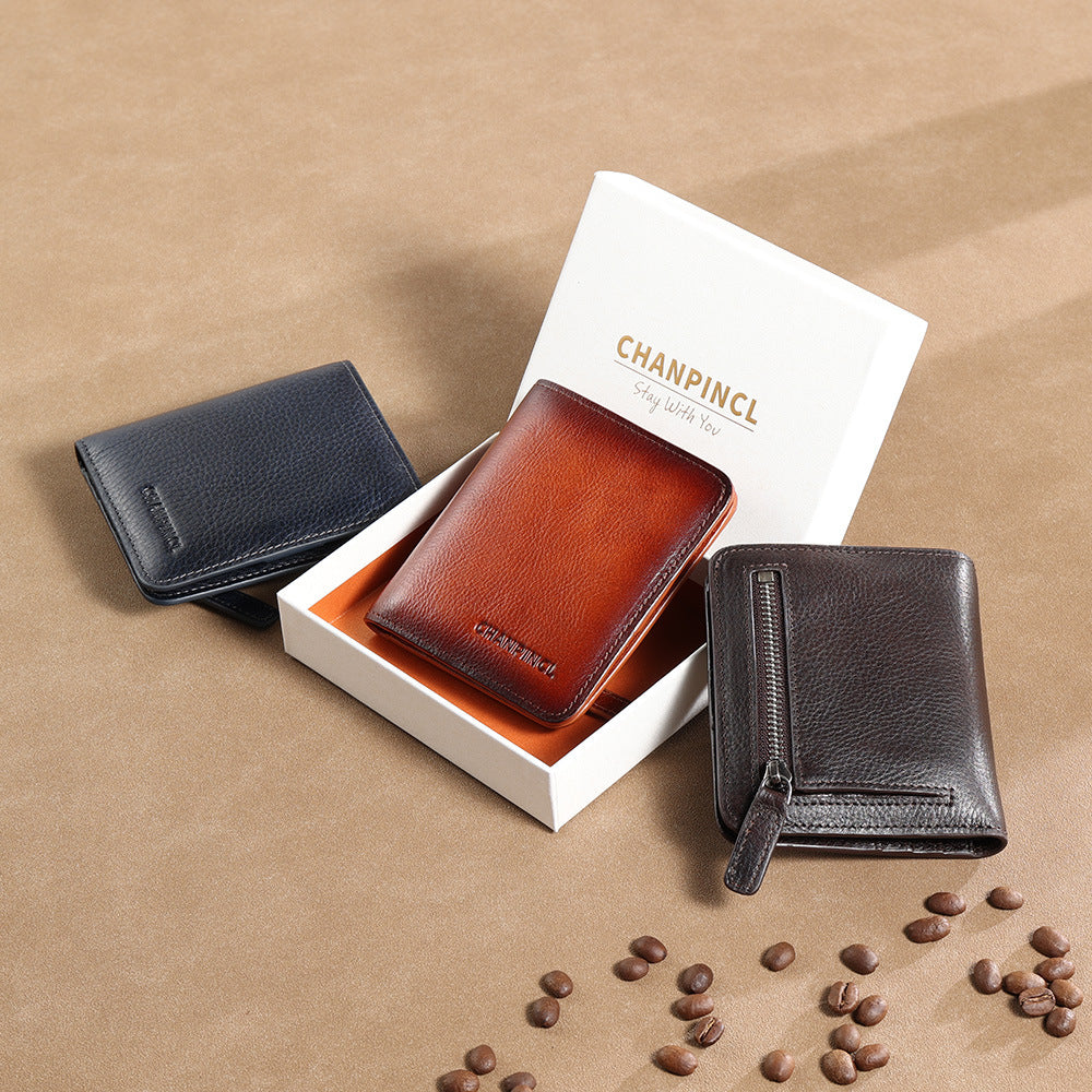 Men's Boxed Mini First Layer Cowhide Brushed Men's Wallets