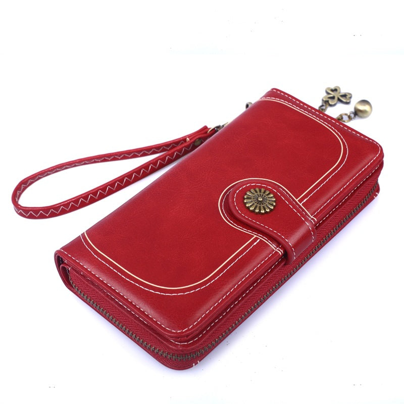 Women's Oily Leather Mobile Zipper Long Ladies Wallets