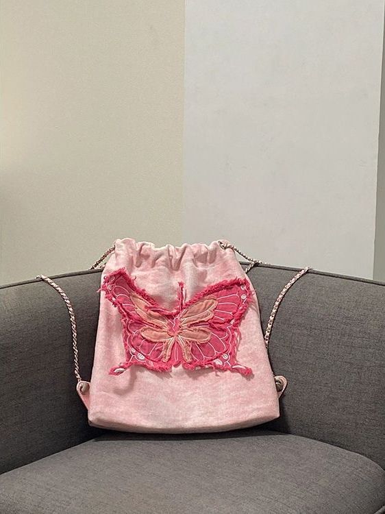 Butterfly Tassel Denim Chain Simple Embroidery Contrast Backpacks