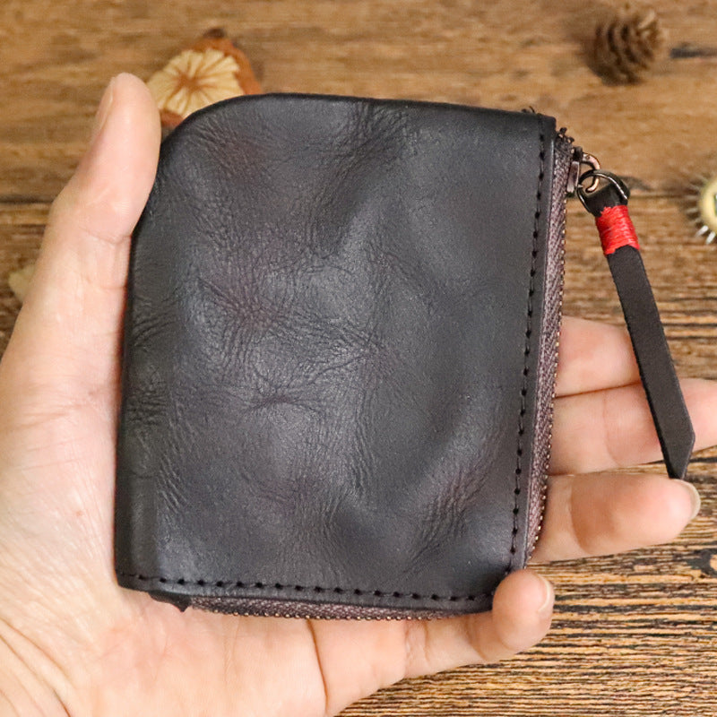 Women's First Layer Cowhide Zipper Hand-rub Color Coin Purses