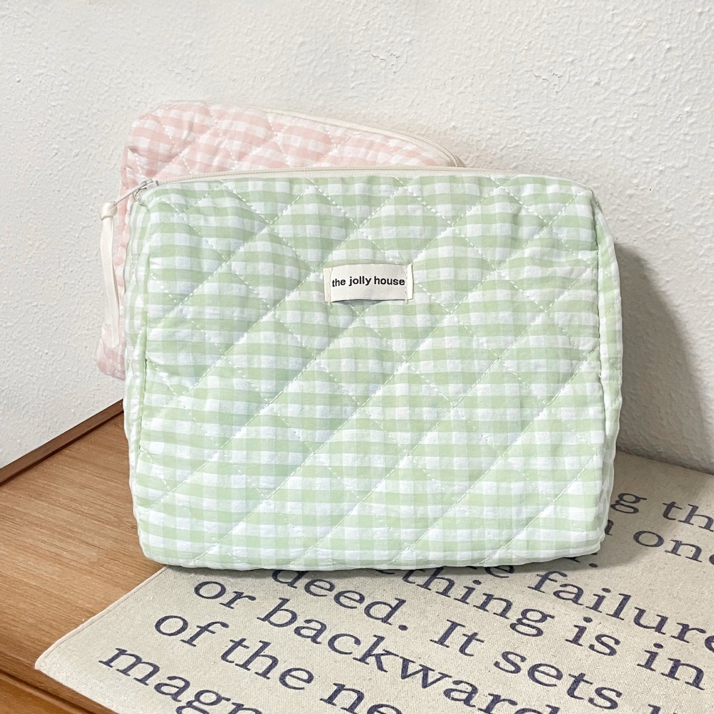 Green Plaid Large Capacity Cute Portable Cosmetics Storage Cotton Cosmetic Bags