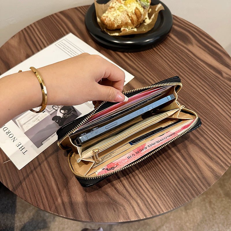 Embroidered Long Zipper Hand Mobile Handgrip Ladies Wallets