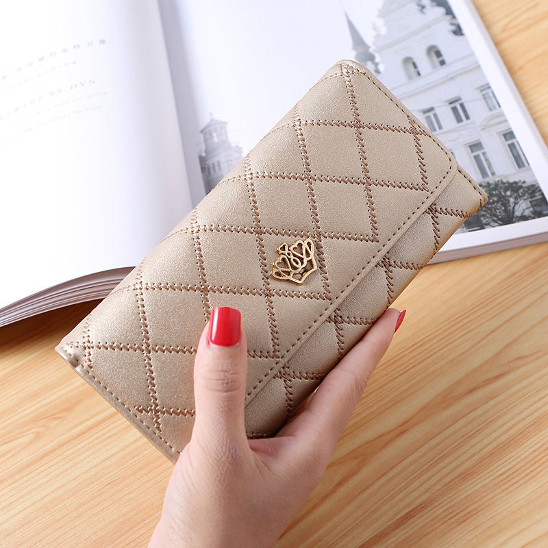 Women's Long Three Fold Korean Clutch Diamond Ladies Wallets