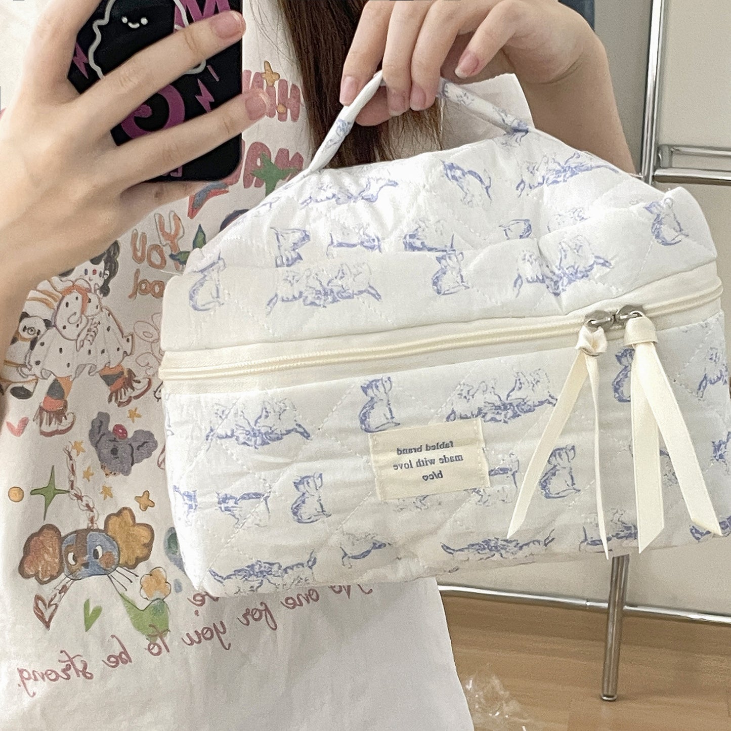 Sacs à cosmétiques matelassés en coton portable mignon de grande capacité de maquillage