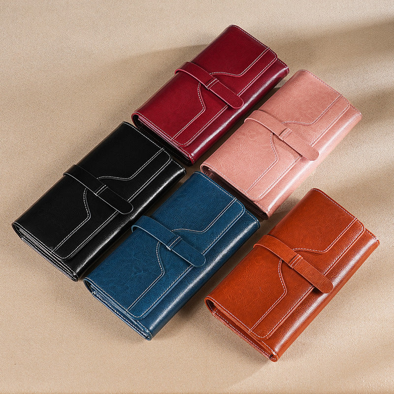 Women's Oil Wax Leather Long Multiple Slots Ladies Wallets