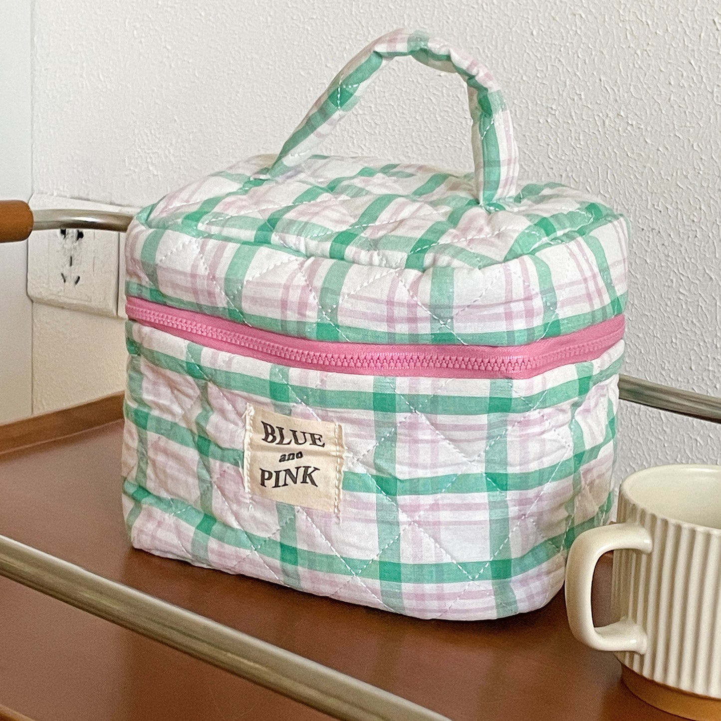 Sacs à cosmétiques matelassés en coton doux, rangement à carreaux pour femmes, simples et portables