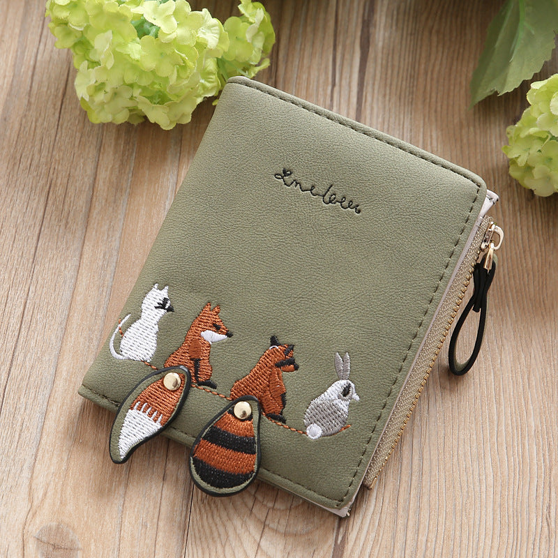 Korean Small Short Female Embroidery Zipper Multiple Ladies Wallets