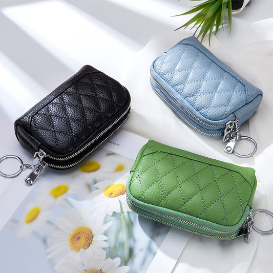 Women's First Layer Cowhide Rhombus Mini Genuine Leather Double Zipper Coin Purses