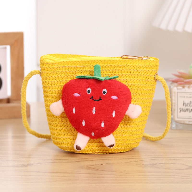 Porte-monnaie en paille tissée aux fraises pour enfants, petit changement, mignon