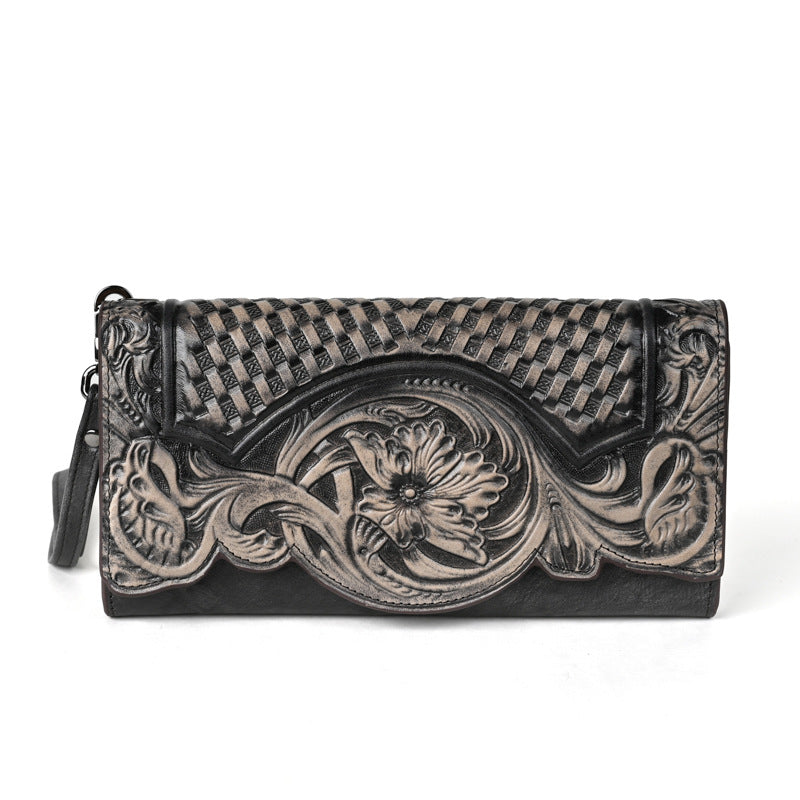 Women's Embossed First Layer Long Cowhide Fashion Ladies Wallets