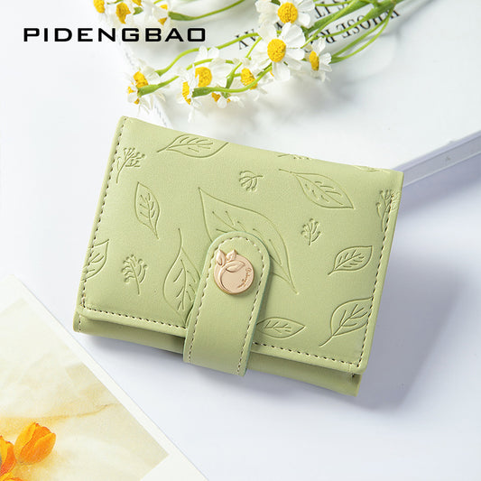 Women's Fresh Embossed Leaves Three Fold Short Ladies Wallets