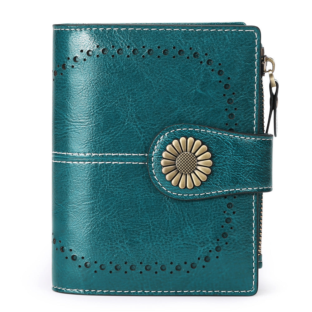 Women's Short Oil Wax Leather Zipper Ladies Wallets