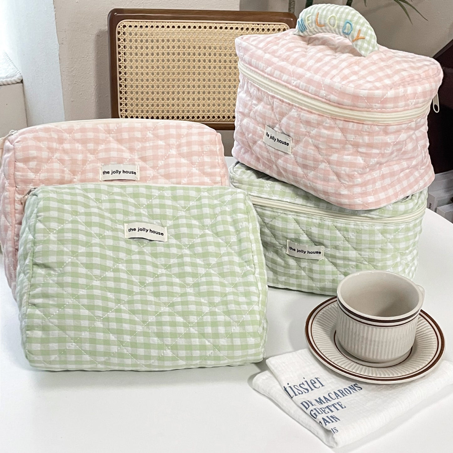 Green Plaid Large Capacity Cute Portable Cosmetics Storage Cotton Cosmetic Bags