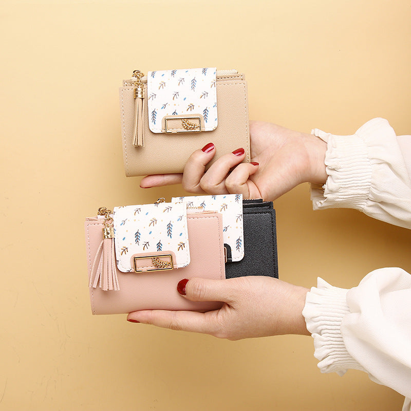 Porte-cartes à pendentif avec pompon, pochette coréenne en forme de feuille de haute qualité pour femmes