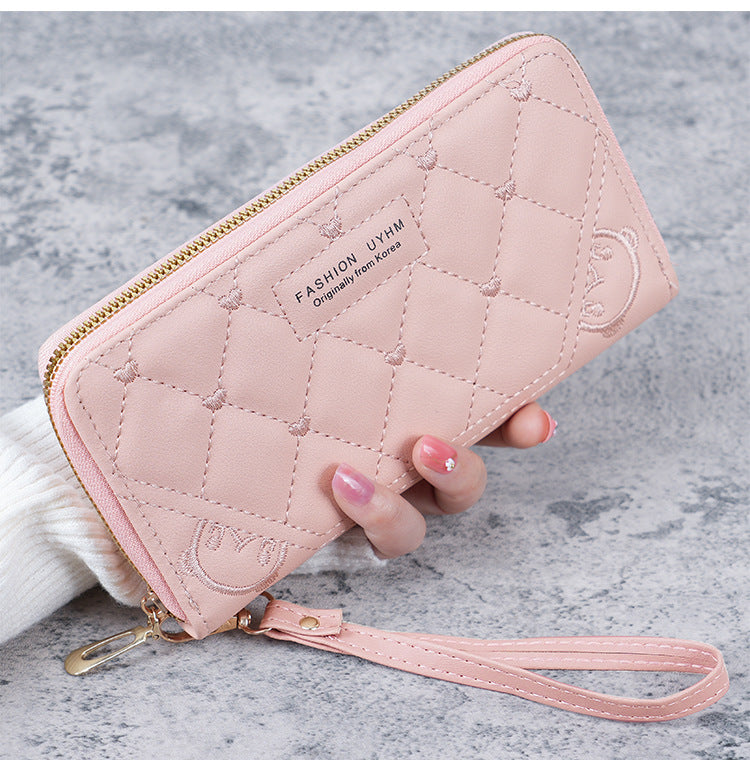 Women's Long Single Zipper Solid Color Embroidered Ladies Wallets