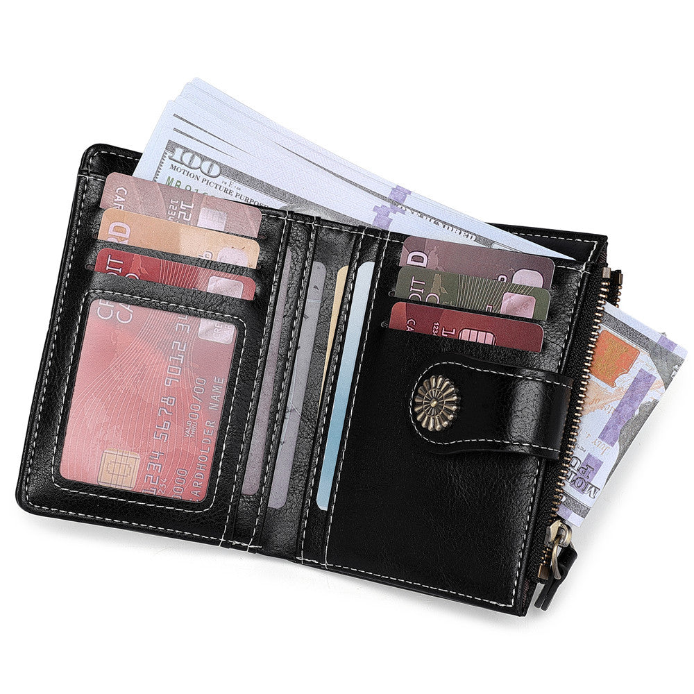 Women's Oily Leather Short Zipper Hollow Multifunctional Ladies Wallets