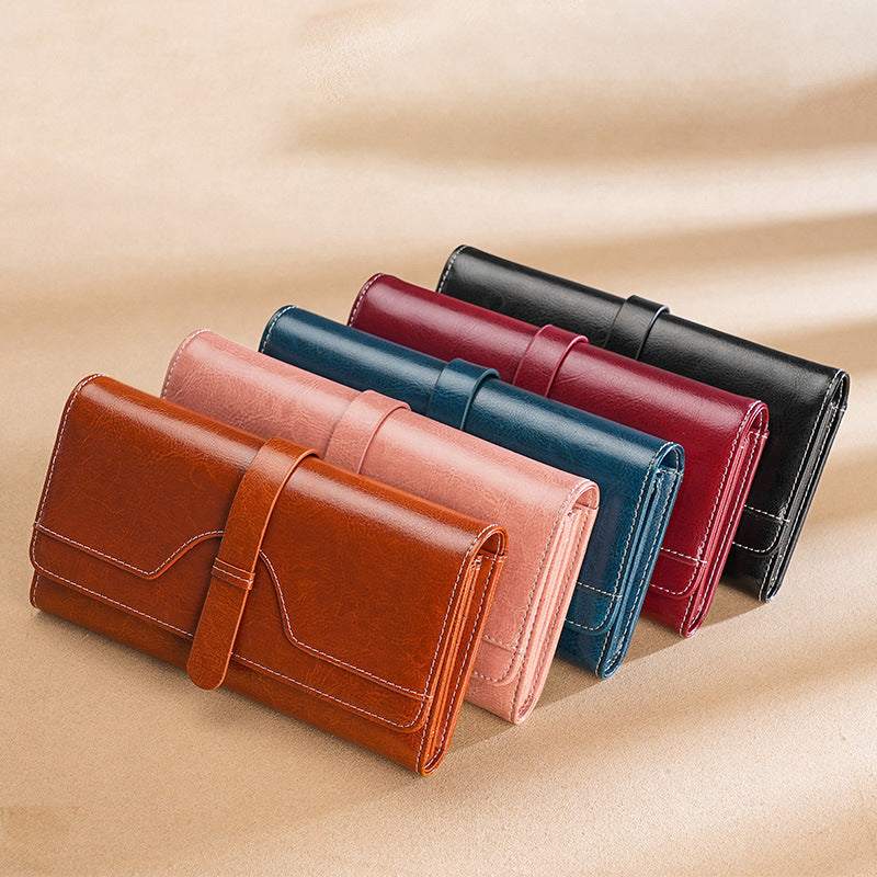 Women's Oil Wax Leather Long Multiple Slots Ladies Wallets