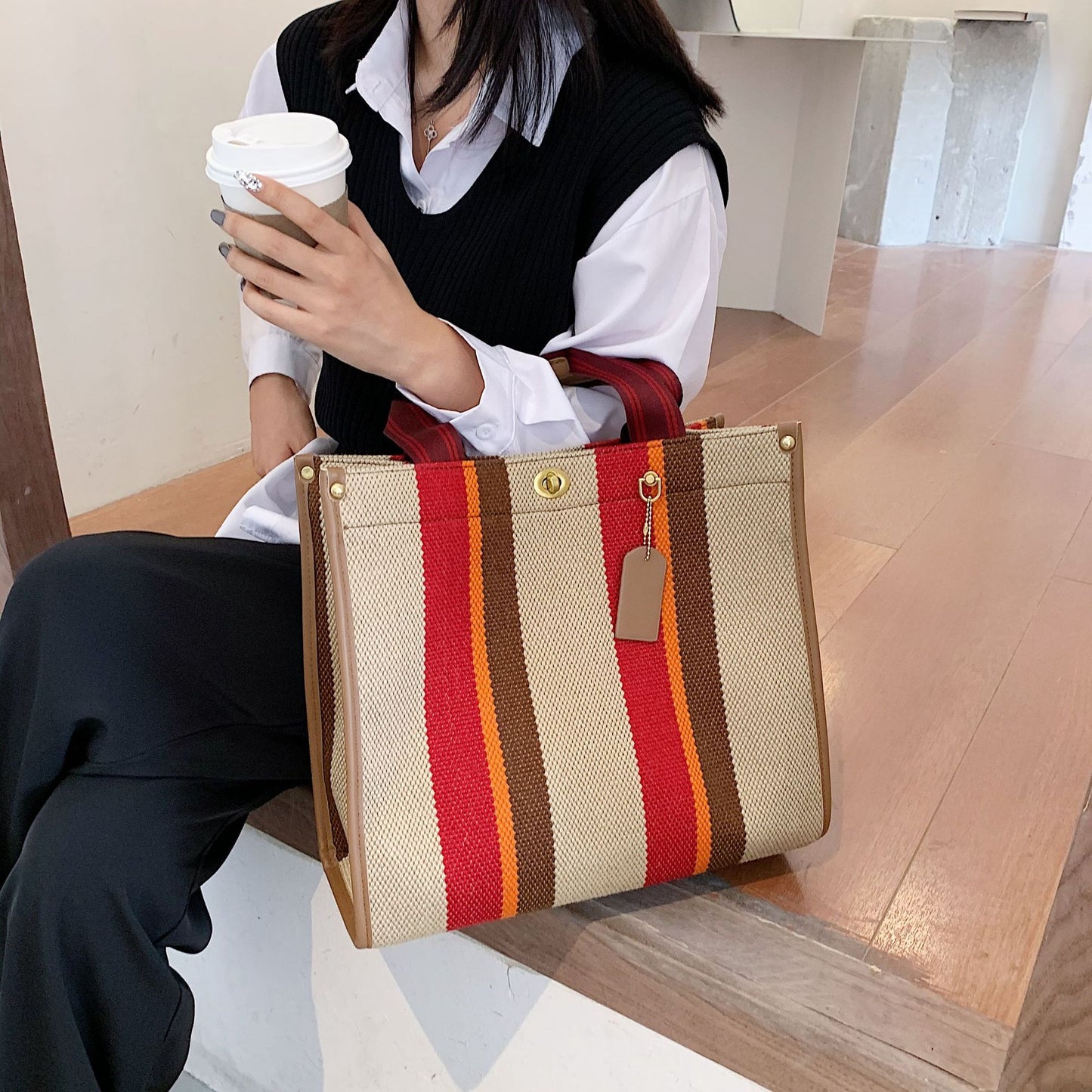 Women's Tote Fashionable Canvas Striped Broadband Handbags