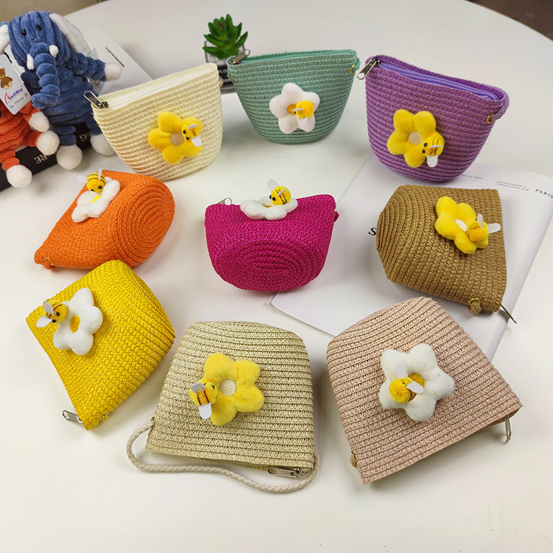 Children's Mini Straw Flower Woven Small Little Coin Purses