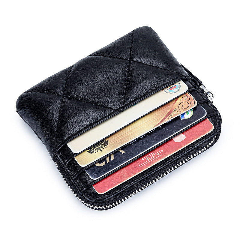 Women's Sheepskin Fashion Genuine Leather Embroidered Plaid Multiple Coin Purses