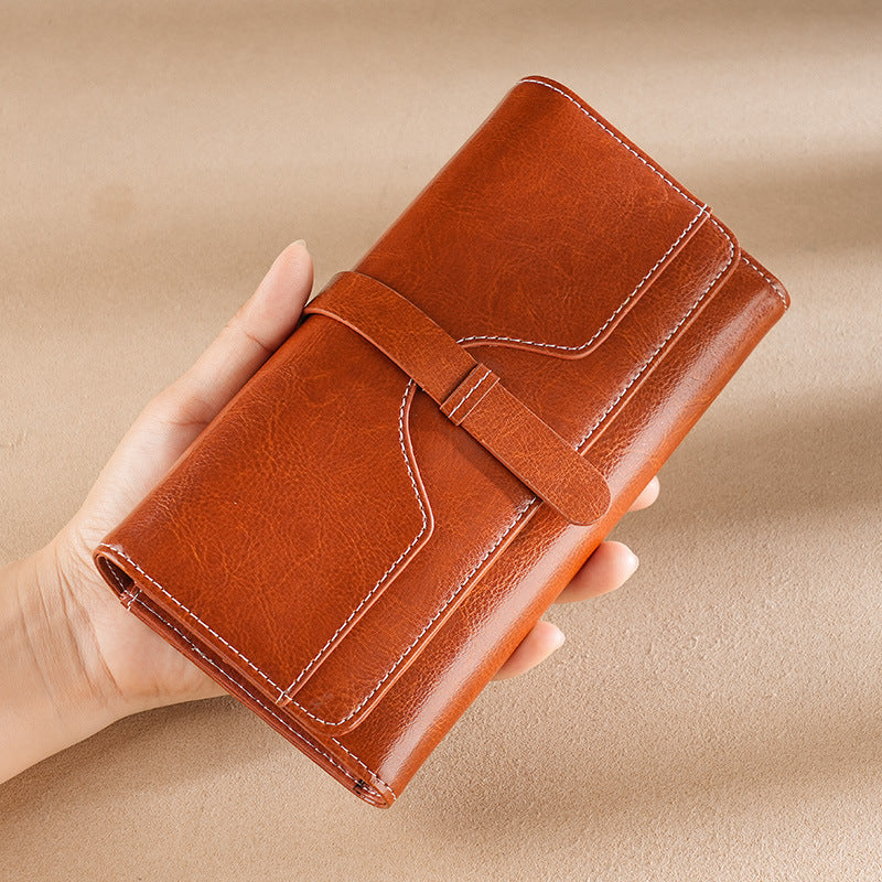 Women's Oil Wax Leather Long Multiple Slots Ladies Wallets