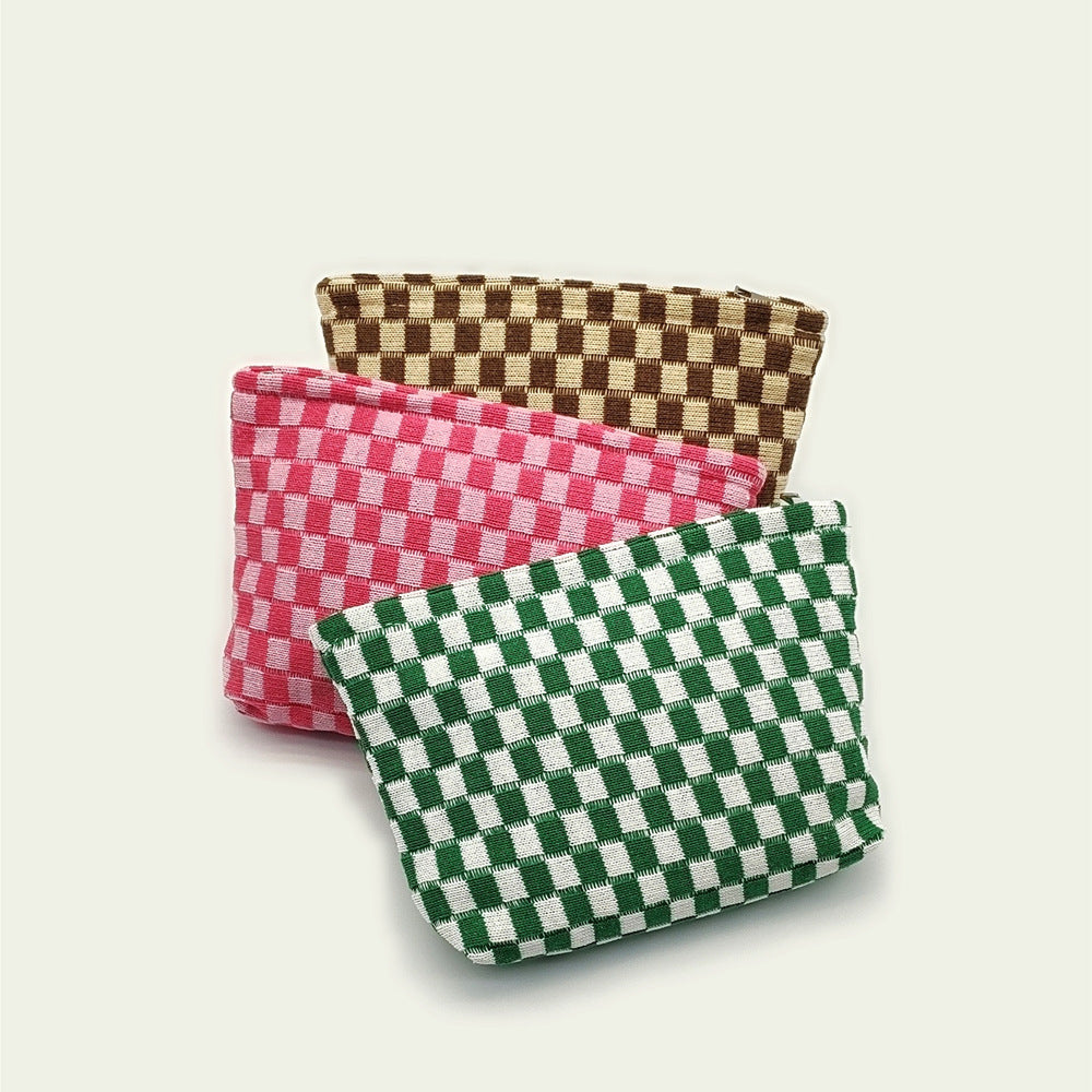 Wool Chessboard Grid Capacity Pencil Knitted Cosmetic Bags