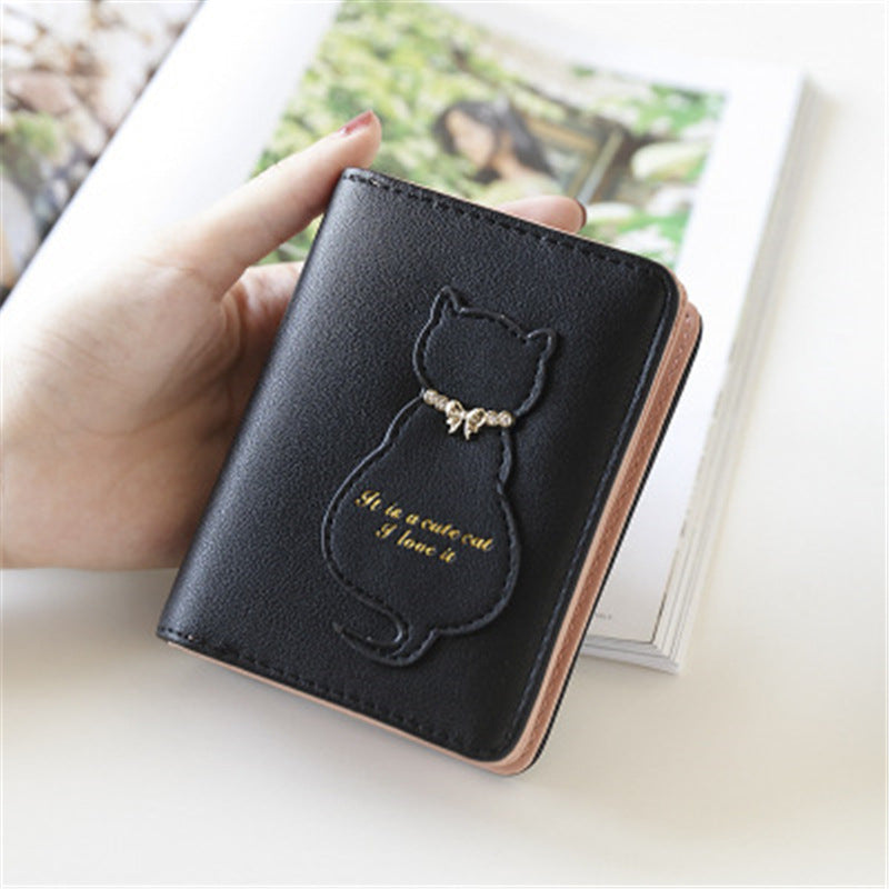 Women's Cute Cat Solid Color Vertical 2 Fold Ladies Wallets