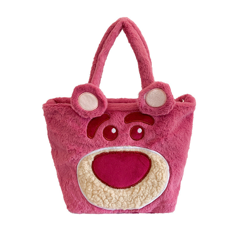 Women's Plush Strawberry Bear Cloth Portable Shopping Children's Shoulder Bags