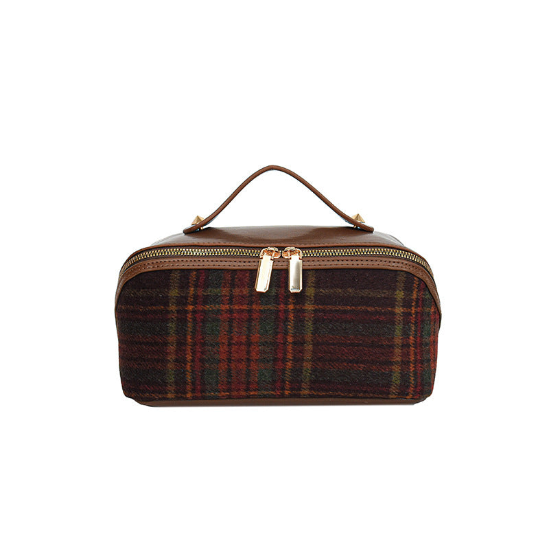 Capacity Classic Style Plaid Suede Texture Cosmetic Bags