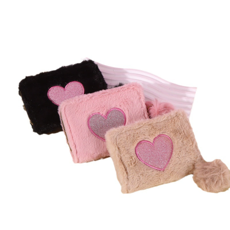 Porte-monnaie classique en peluche avec fermeture éclair en forme de cœur, Style coréen, pour enfants