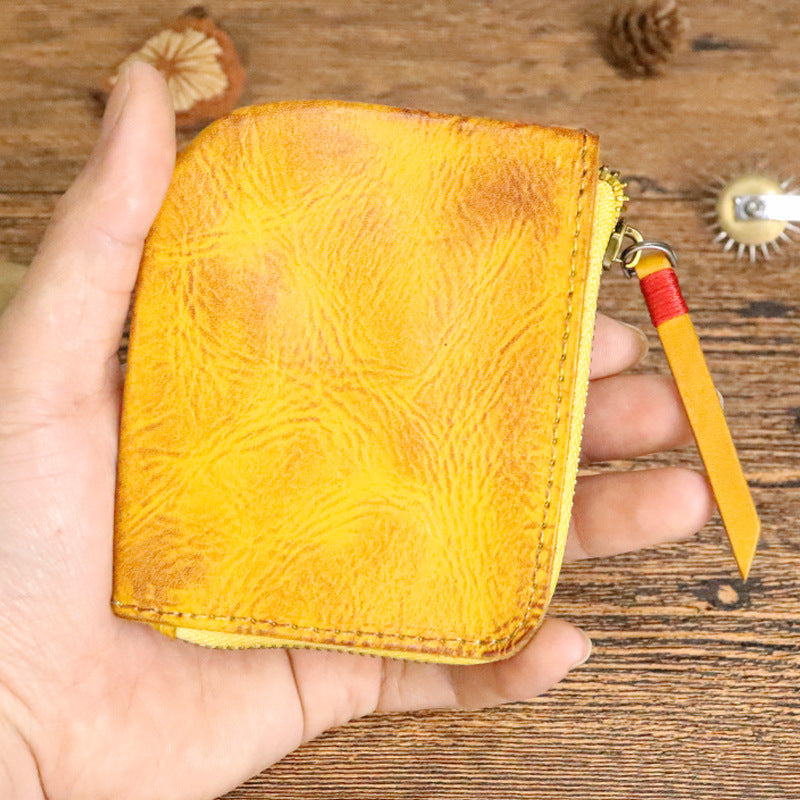 Women's First Layer Cowhide Zipper Hand-rub Color Coin Purses