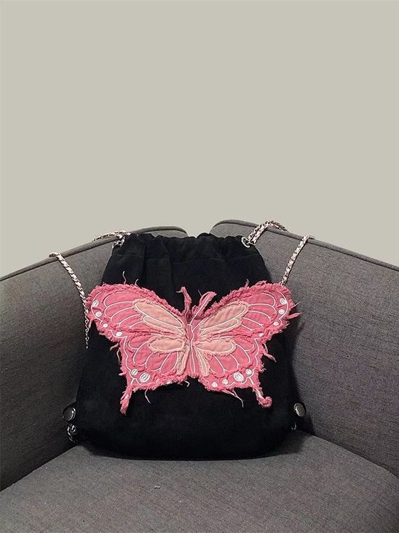 Butterfly Tassel Denim Chain Simple Embroidery Contrast Backpacks