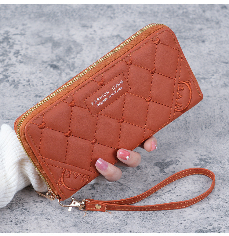 Women's Long Single Zipper Solid Color Embroidered Ladies Wallets