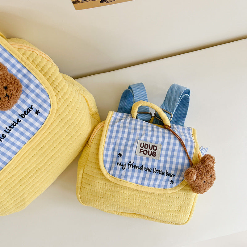 Children's Korean Cute Bear Plaid Boys Embroidery Children's Backpacks