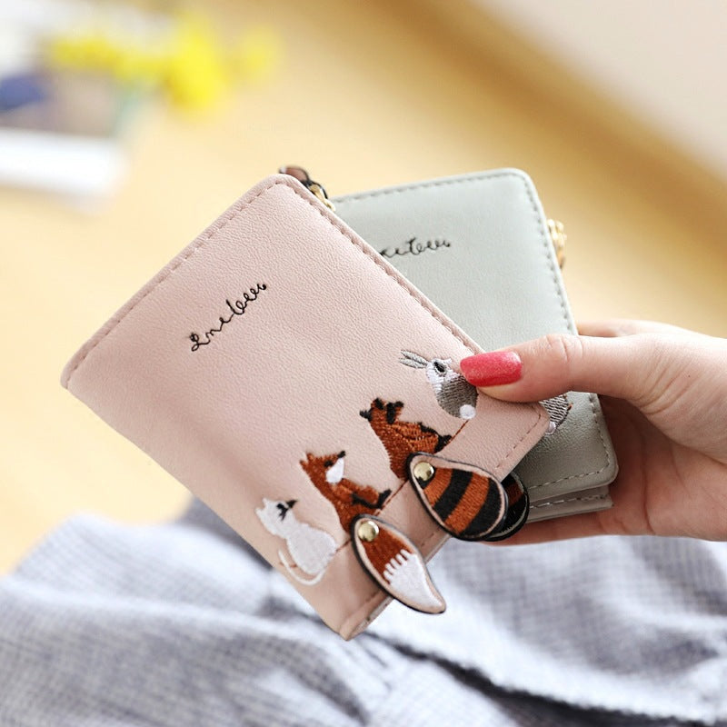 Korean Small Short Female Embroidery Zipper Multiple Ladies Wallets