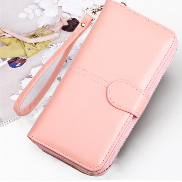 Women's Zipper Oil Wax Leather Mobile Clutch Ladies Wallets