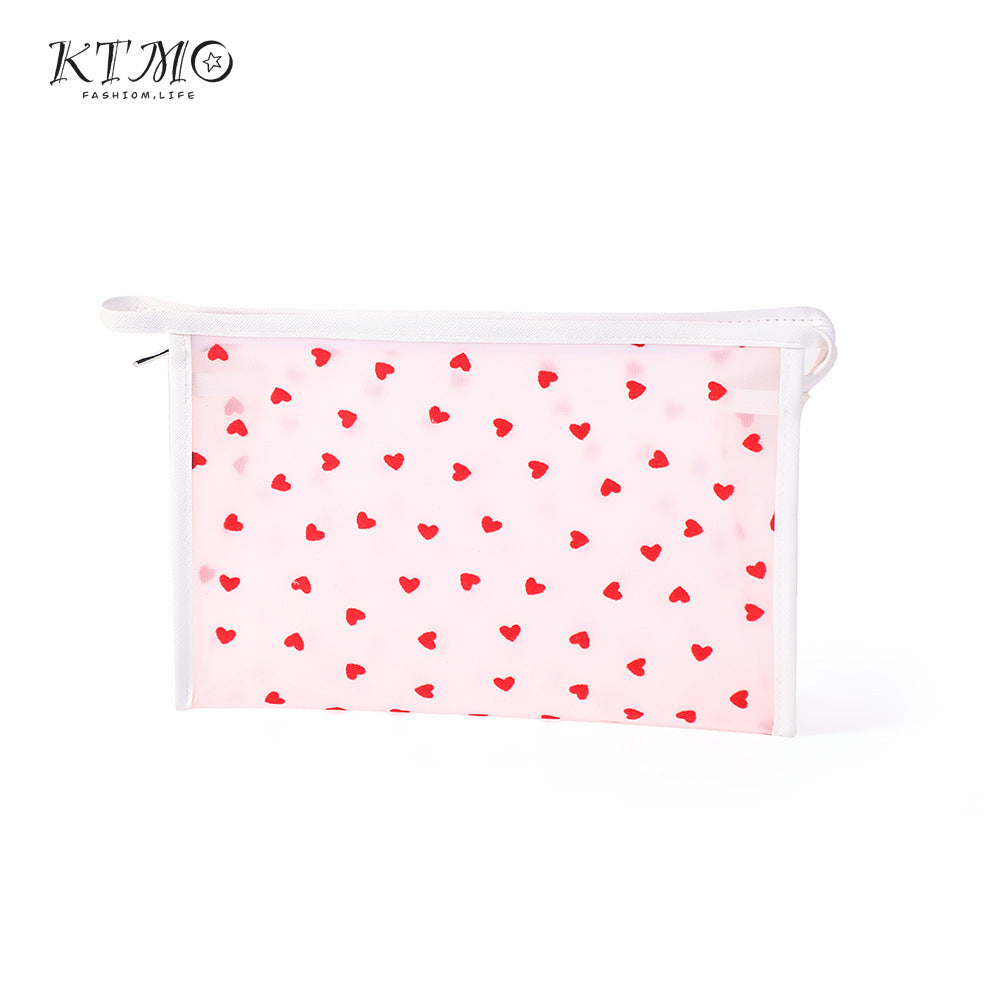 Mesh Flocking Love Storage Simple Large Capacity Wash Cosmetic Bags