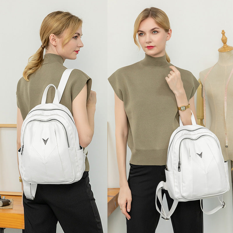 Women's Korean Trendy Soft Leather White Large Backpacks