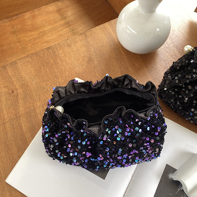 Pochette de niche en perles, sacs à cosmétiques Vintage Veet à paillettes