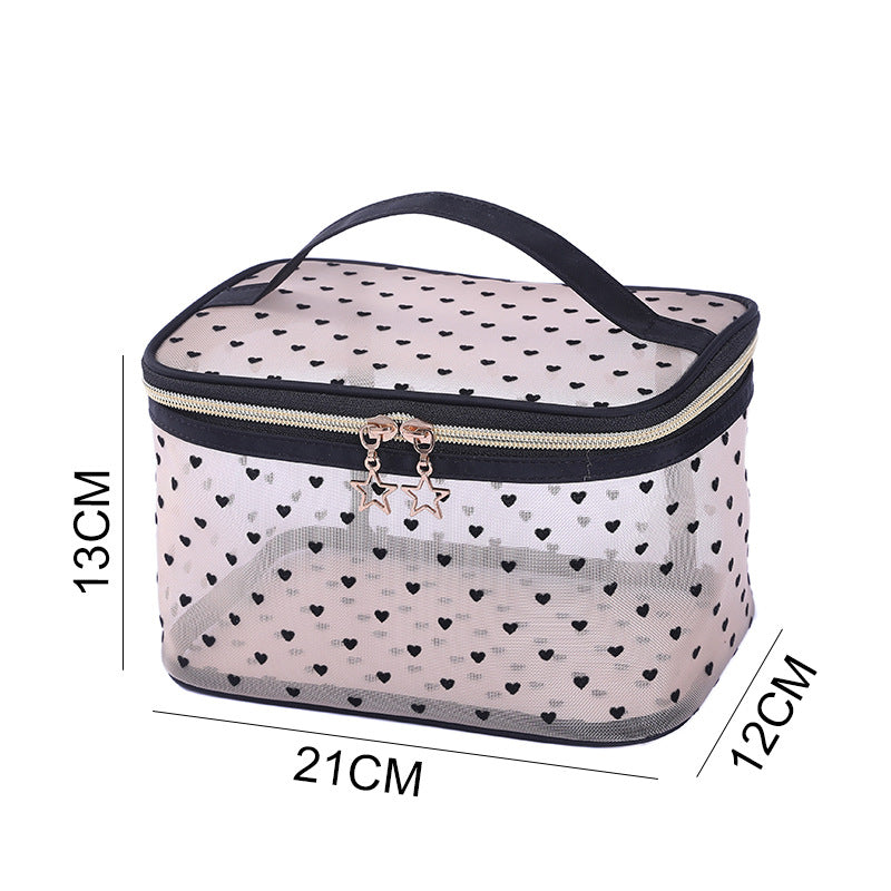 Love Heart Mesh Portable Buggy Transparent Cosmetic Bags