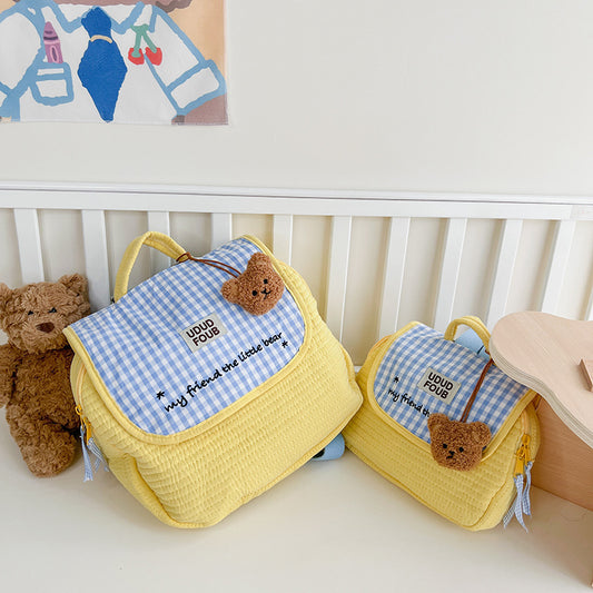 Children's Korean Cute Bear Plaid Boys Embroidery Children's Backpacks