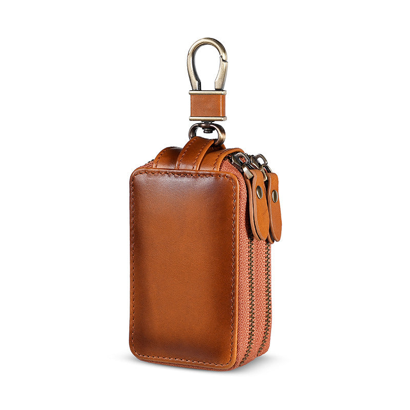 Leather Car Retro Oil Wax Skin Double Zipper Key Bags