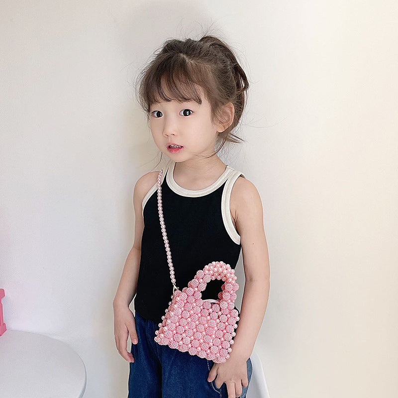 Women's Pure Color Beaded Pearl Woven Small Children's Shoulder Bags