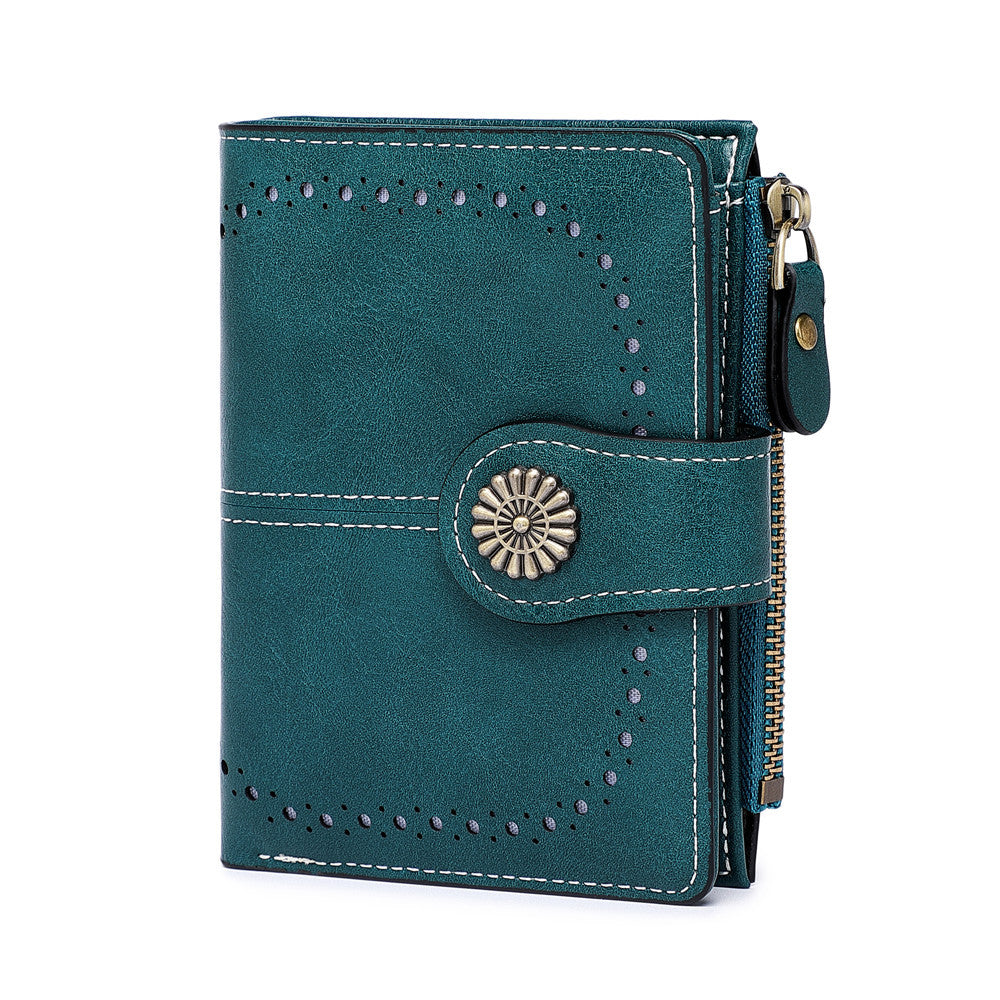 Women's Oily Leather Short Zipper Hollow Multifunctional Ladies Wallets